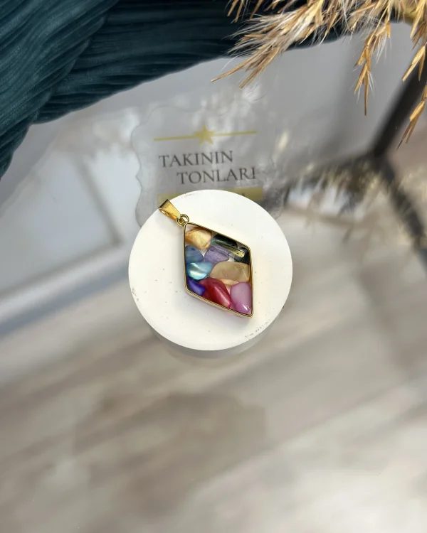 7 Çakra Taşı Doğal Taş Baklava Model Çelik Kolye Ucu