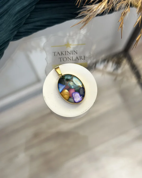 7 Çakra Taşı Doğal Taş Oval Model Çelik Kolye Ucu