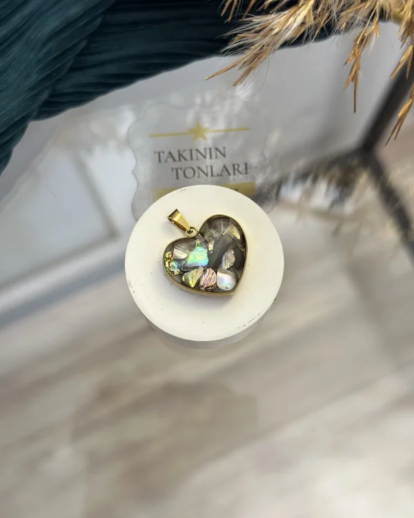 Labradorit Taşı Doğal Taş Kalpli Çelik Kolye Ucu