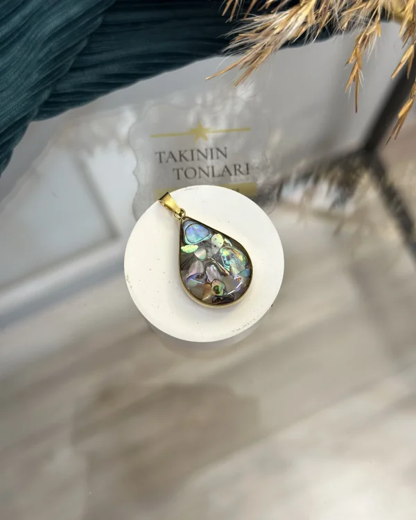 Labradorit Taşı Doğal Taş Damla Model Çelik Kolye Ucu