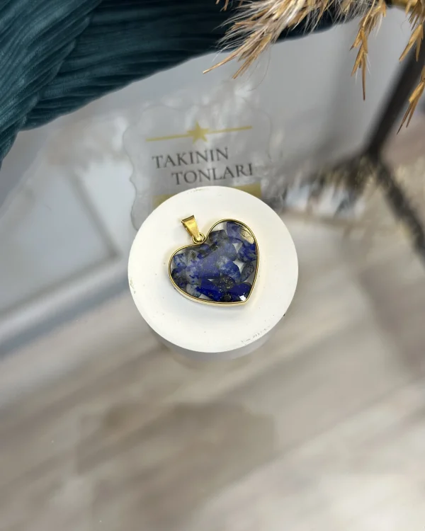 Lapis Lazuli Doğal Taş Kalpli Çelik Kolye Ucu