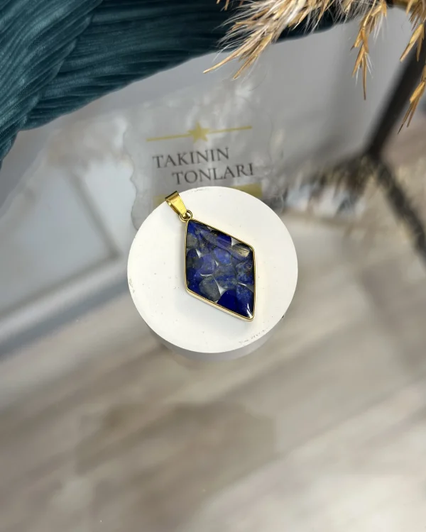 Lapis Lazuli Doğal Taş Baklava Model Çelik Kolye Ucu
