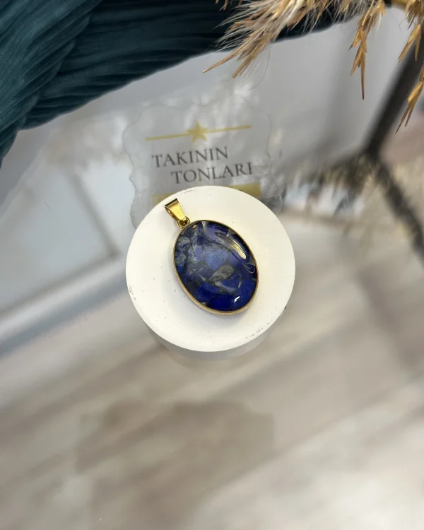 Lapis Lazuli Doğal Taş Oval Model Çelik Kolye Ucu