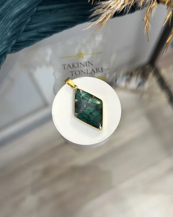 Malakit Taşı Doğal Taş Baklava Model Çelik Kolye Ucu