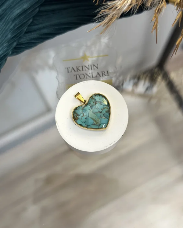 Turkuaz Taşı Doğal Taş Kalpli Çelik Kolye Ucu