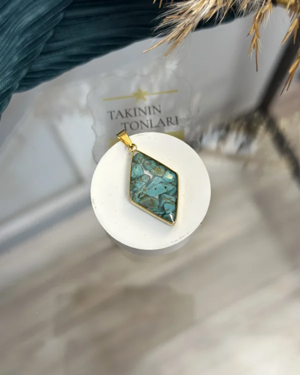 Turkuaz Taşı Doğal Taş Baklava Model Çelik Kolye Ucu