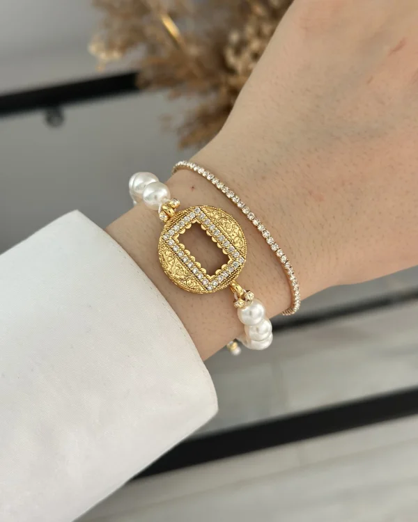 Gram Altınlık Yuvarlak İşlemeli İncili Bileklik (Suyolu Hediye)