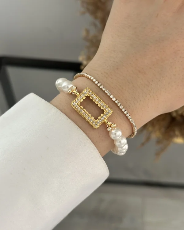 İncili Gram Altınlık Dikdörtgen Bileklik (Suyolu Hediye)