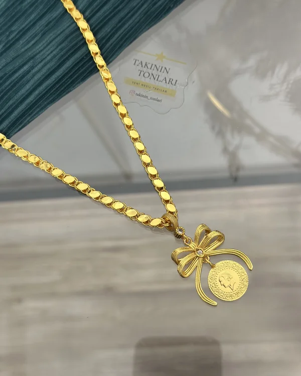 Arpa Zincirli Çeyrekli Fiyonk Kolye (60 cm)