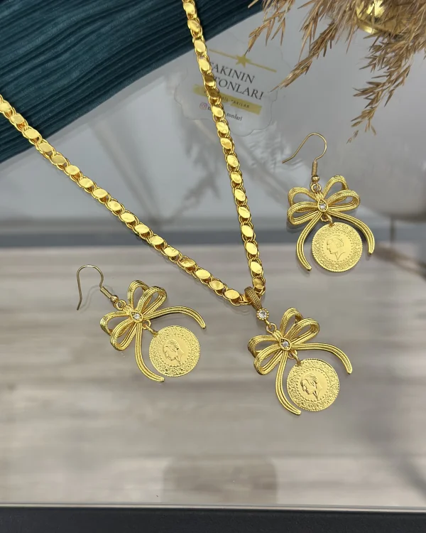 Çeyrekli Fiyonk Arpa Kolye-Küpe Set (60 cm)