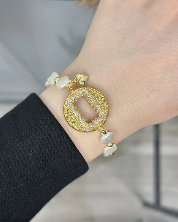 Yuvarlak Gram Altınlık Yassı İncili Kalpli Bileklik