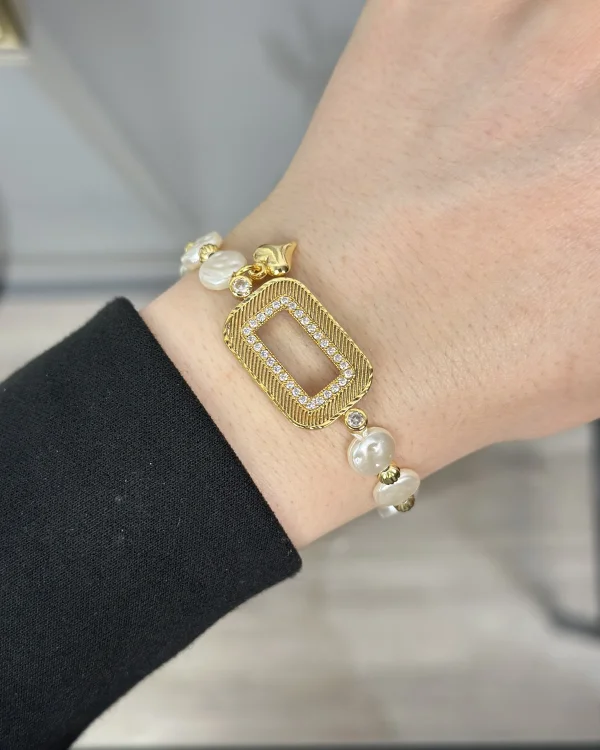 Hasır Gram Altınlık Yassı İncili Kalpli Bileklik