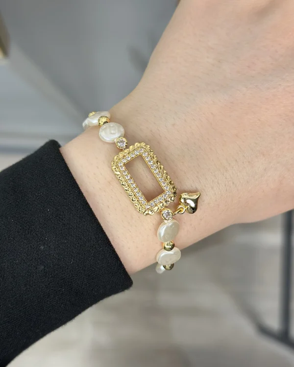 Tomurcuk İşi Gramlık Yassı İncili Kalpli Bileklik