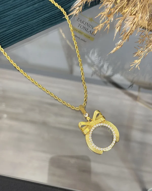 Yarım Altın Kasalı Burgu Zincirli Fiyonk Kolye (60 cm)