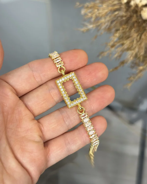 Dikdörtgen Gram Altınlık Kristal Baget Bileklik (17+3 cm)