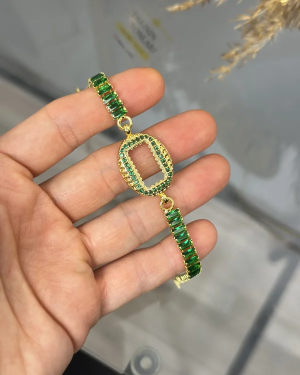 Oval Gramlık Yeşil Taşlı Baget Bileklik (17+3 cm)