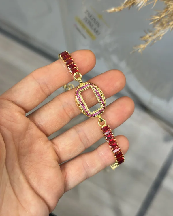 Oval Gramlık Kırmızı Taşlı Baget Bileklik (17+3 cm)
