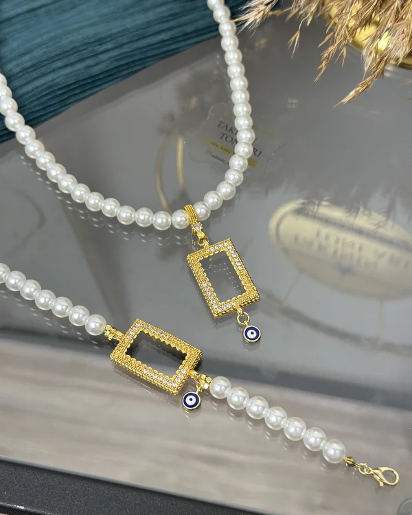 5 Gramlık Yarım Taşlı Nazarlı İnci Set (Kolye 50 cm)