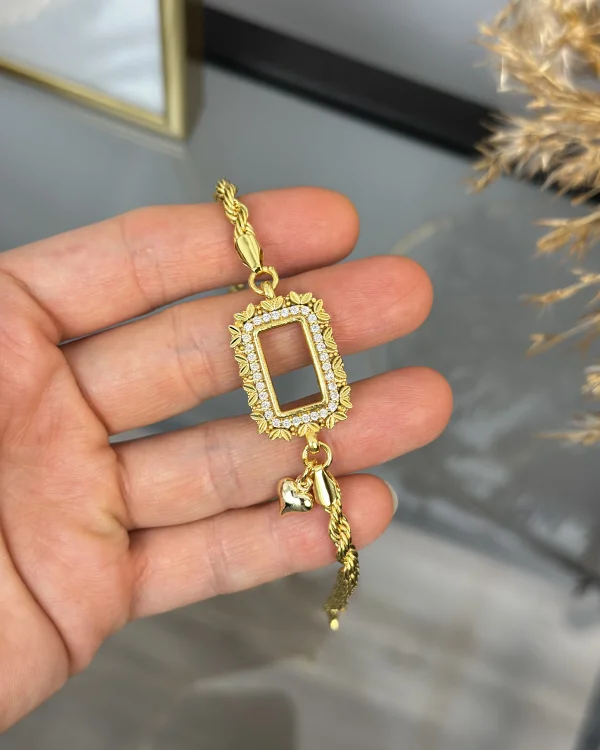 Gram Altınlık Yaprak İşlemeli Kalpli Burgu Bileklik (17+3 cm)
