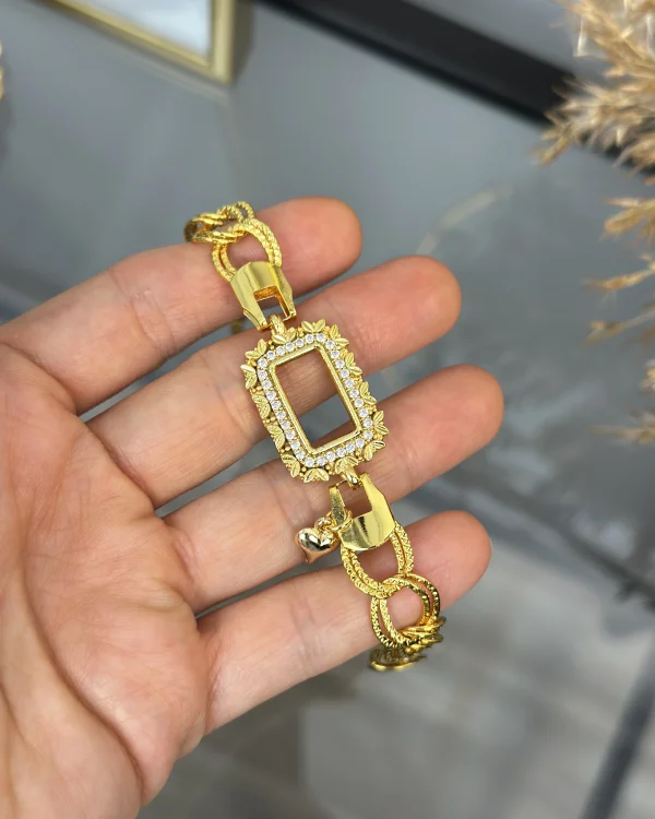 Gram Altınlık Yaprak İşlemeli Kalpli Samanyolu Bileklik (17+3cm)