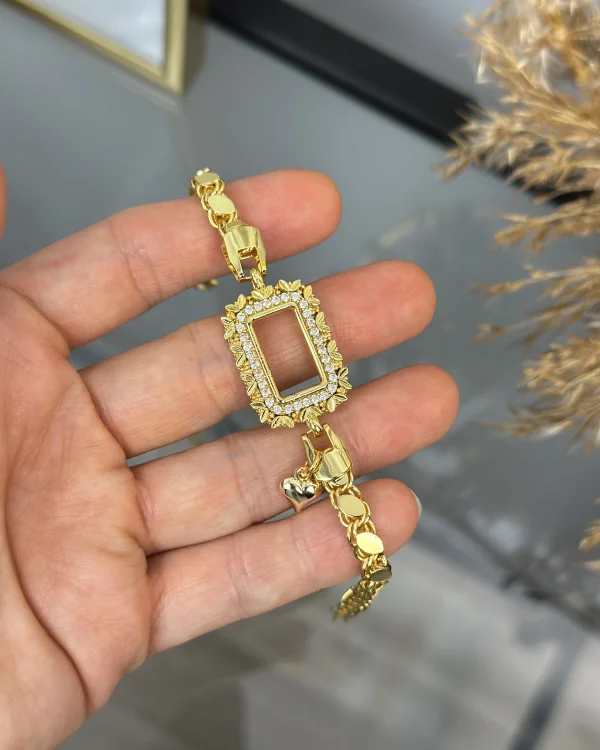 Gram Altınlık Yaprak İşlemeli Kalpli Arpa Bileklik (17+3 cm)