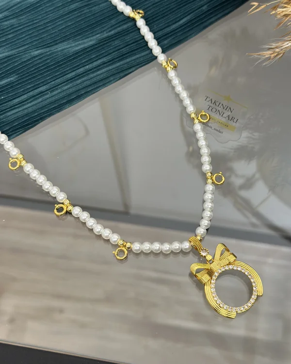 Yarım Altınlık Fiyonklu Dokuzu Biryerde İnci Kolye (60 cm)