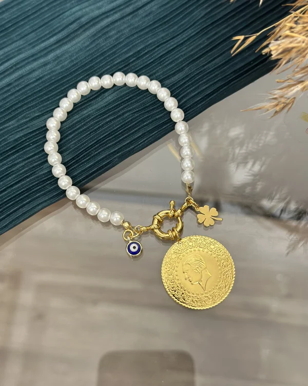 Dümen Kilit Tam Altınlı İnci Bileklik (18 cm)