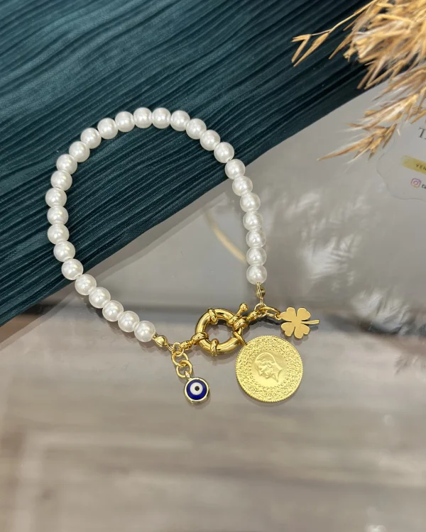Dümen Kilit Çeyrek Altınlı İnci Bileklik (18 cm)