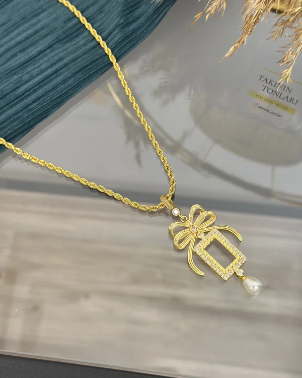 Gram Altınlık İncili Fiyonklu Burgu Kolye (60 cm)