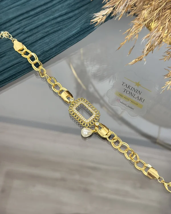 Gram Altınlık İşlemeli İncili Samanyolu Bileklik (19+3 cm)