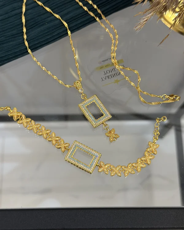 Gram Altınlık Çift Sıra Mavi Taşlı Yoncalı Set