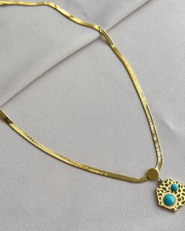 Mavi (Firuze) Taşlı-Altıgen Uçlu Kolye