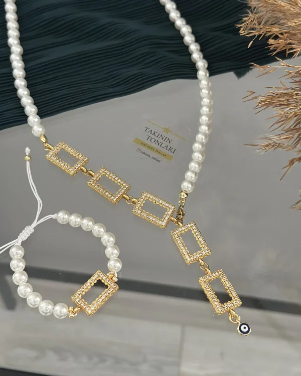 İncili Gram Altınlık Y Kolye-Bileklik Kombini