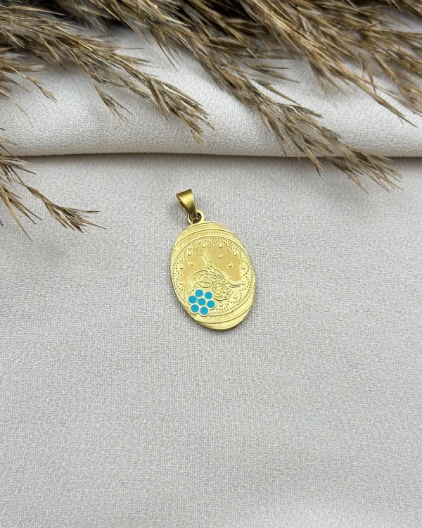 Oval Mavili Tuğralı Kolye Ucu