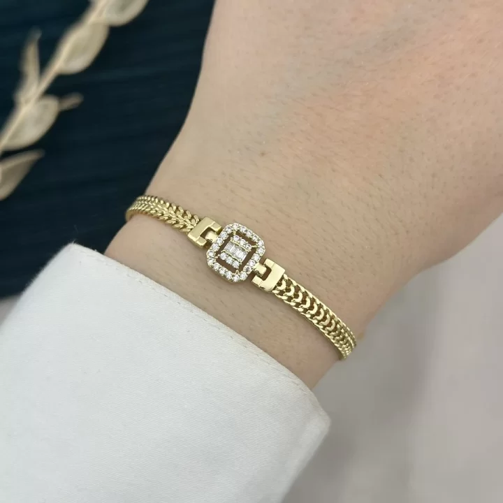 14K Gold Baget Taşlı Hasır Bileklik (17+2 cm)