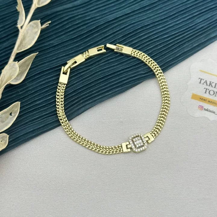 14K Gold Baget Taşlı Hasır Bileklik (17+2 cm)