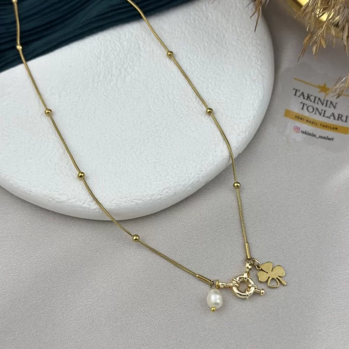 Dümen Kilitli Topçuklu Zincir Doğal İnci-Yonca Kolye (60 cm)