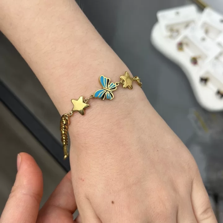 Çocuk Mineli Mavi Kelebek-Yıldız Bileklik (15.5+3 cm)
