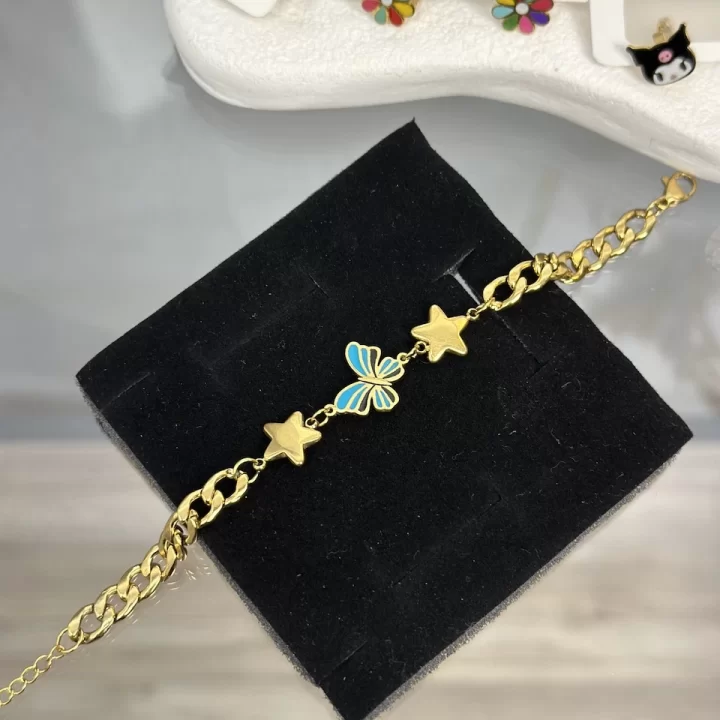Çocuk Mineli Mavi Kelebek-Yıldız Bileklik (15.5+3 cm)