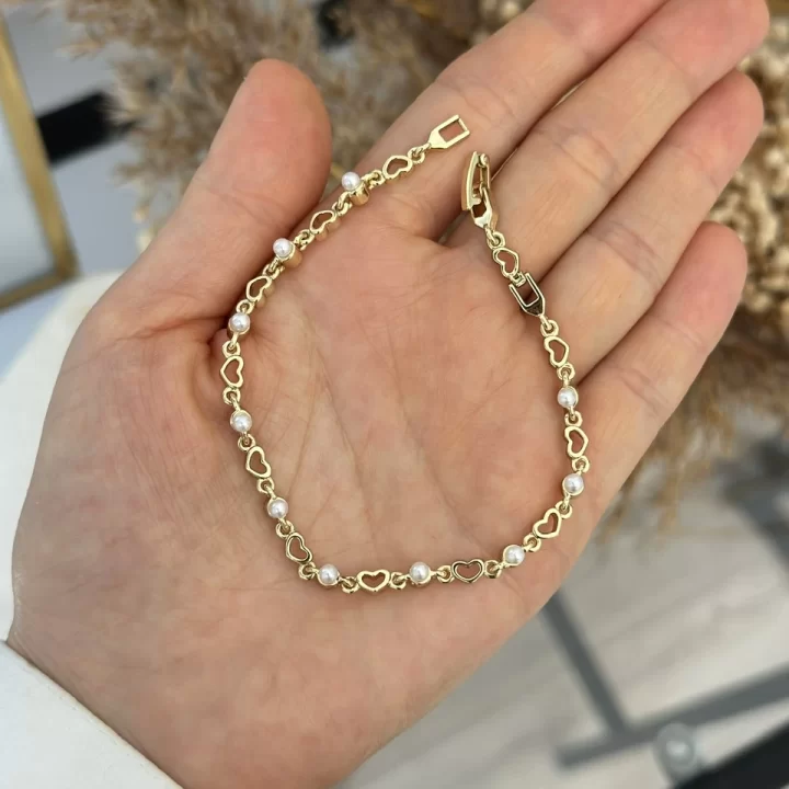 Sıra Kalpli İncili Zarif XP Bileklik (17+2 cm)