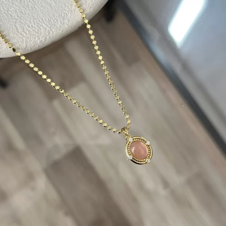 Ezme Pullu Zincir Pembe Taşlı Vintage Kolye (55 cm)