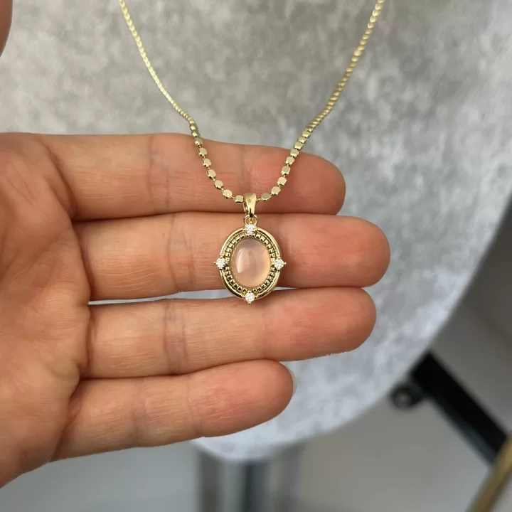 Ezme Pullu Zincir Pembe Taşlı Vintage Kolye (55 cm)