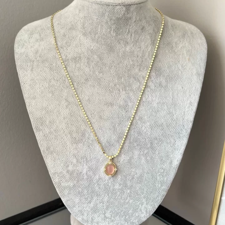 Ezme Pullu Zincir Pembe Taşlı Vintage Kolye (55 cm)