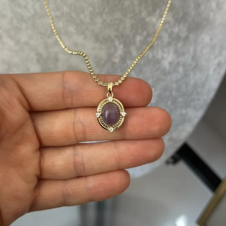Ezme Pullu Zinvir Mor Taşlı Vintage Kolye (55 cm)