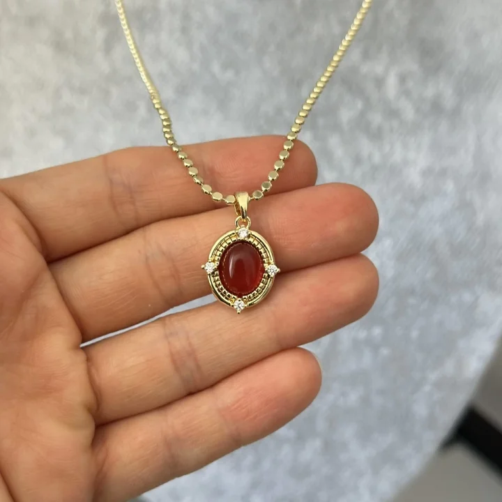 Ezme Pullu Zincir Bordo Taşlı Vintage Kolye (55 cm)