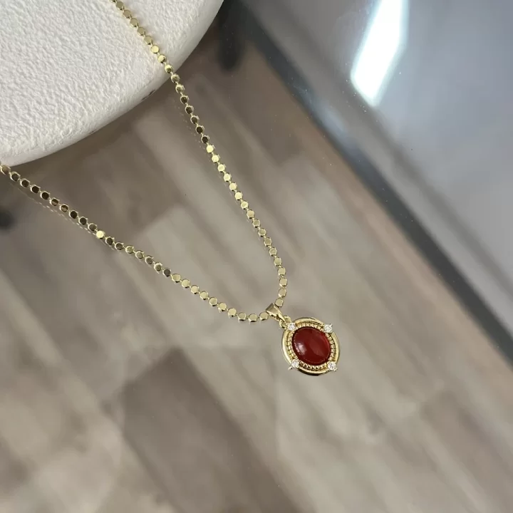 Ezme Pullu Zincir Bordo Taşlı Vintage Kolye (55 cm)