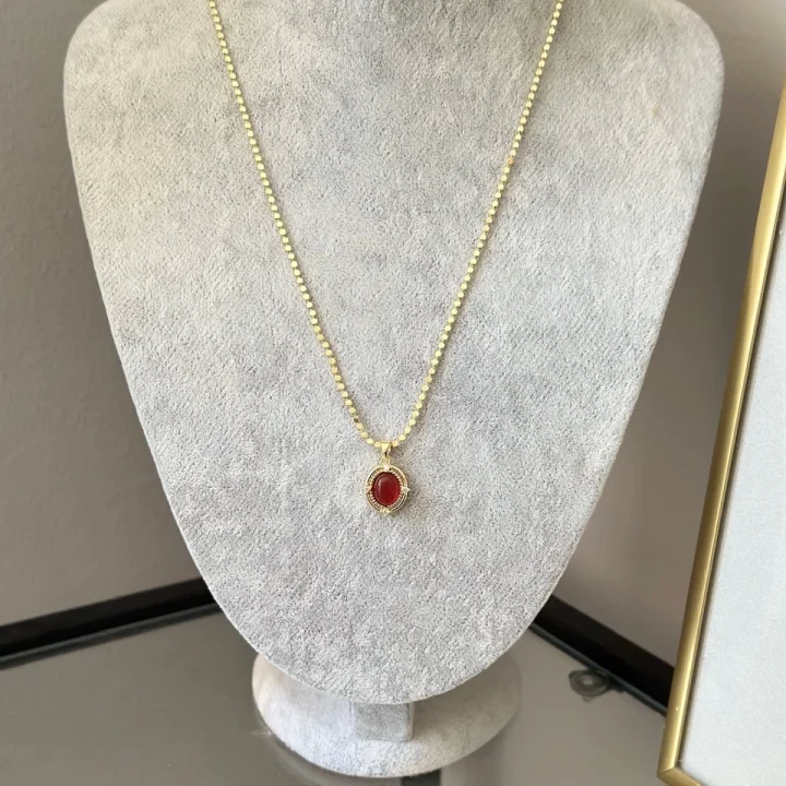 Ezme Pullu Zincir Bordo Taşlı Vintage Kolye (55 cm)