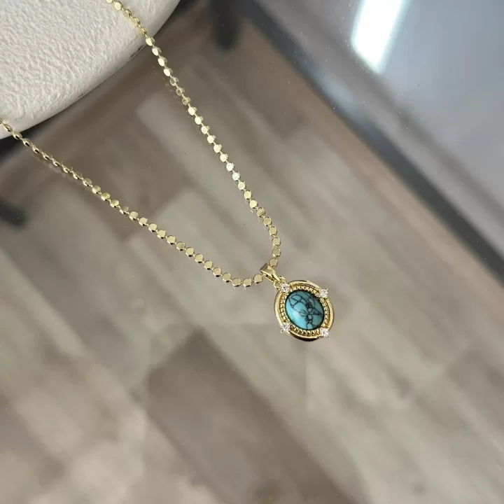 Ezme Pullu Zincir Turkuaz Taşlı Vintage Kolye (55 cm)