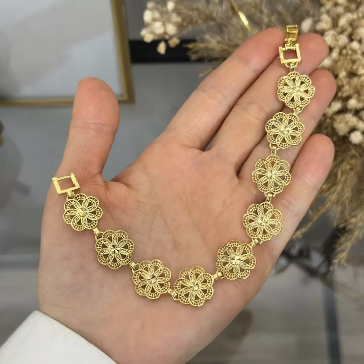 22 Ayar Kalem İşi Çiçek Telkari Bileklik (19.5 cm)