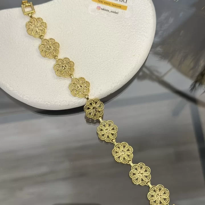 22 Ayar Kalem İşi Çiçek Telkari Bileklik (19.5 cm)